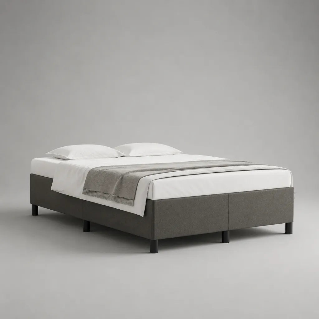 Letto matrimoniale imbottito rettangolare con 2 basi in poliestere grigio e piedini neri, senza testiera, 160 × 200 × 38 cm