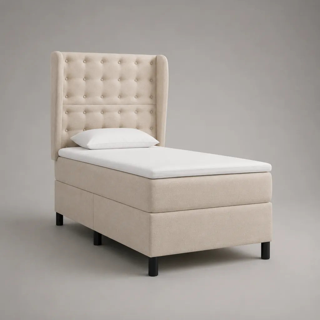 Letto singolo boxspring 90 x 200 cm in tessuto beige con testiera capitonné, materasso e topper