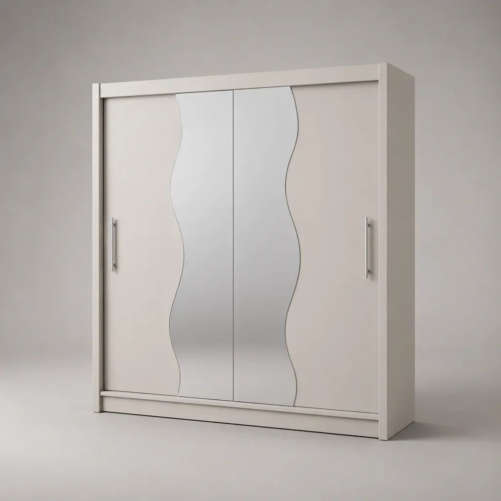 Armadio guardaroba rettangolare bianco con 2 ante scorrevoli e specchio ondulato, pannello truciolare melaminico, 180 x 60 x 200 cm