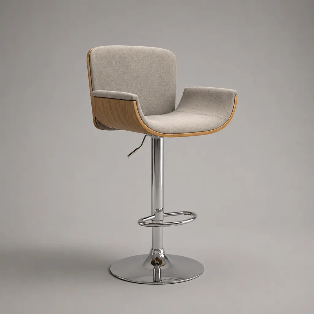 Sgabello da bar girevole e regolabile in tessuto beige, legno e metallo cromato, 56 x 52 x 91-112 cm