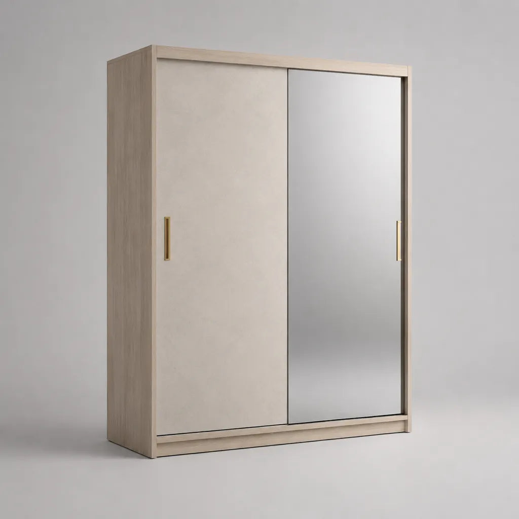 Armadio guardaroba rettangolare con 2 ante scorrevoli e specchio, rovere chiaro e beige, 150 x 60 x 200 cm