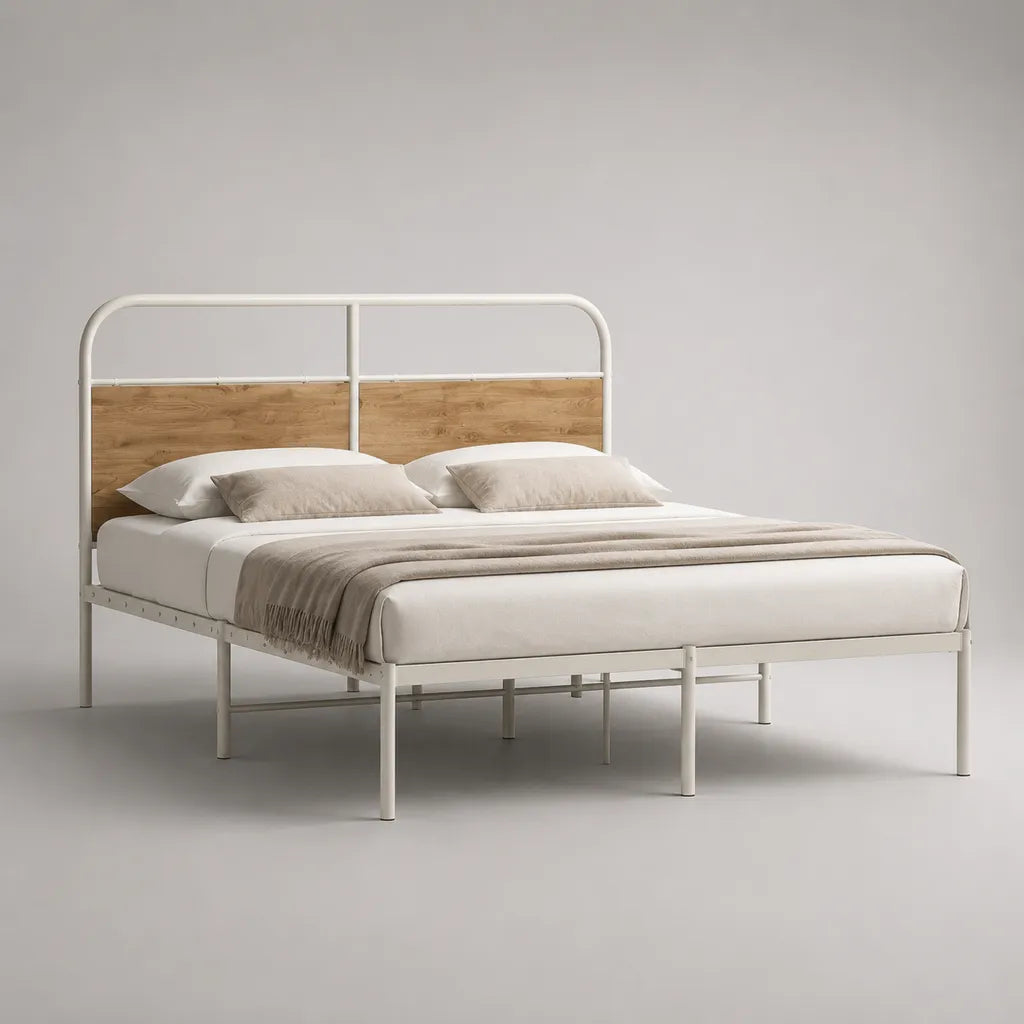 Letto matrimoniale 160 × 200 cm in acciaio bianco con testiera effetto rovere