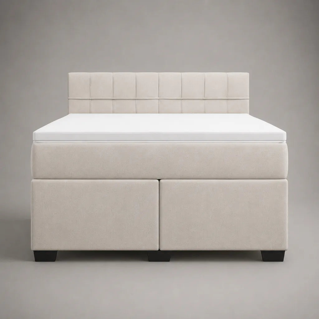 Letto matrimoniale imbottito in microfibra beige 180 x 210 x 120 cm con materasso 160 x 200 cm