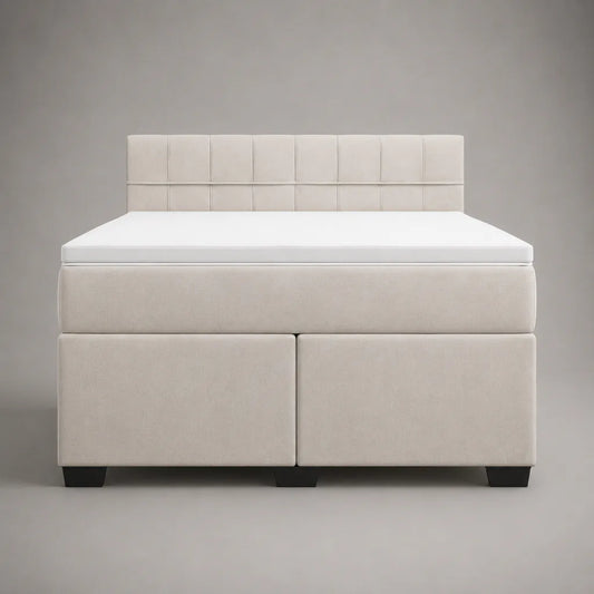 Letto matrimoniale imbottito in microfibra beige 180 x 210 x 120 cm con materasso 160 x 200 cm