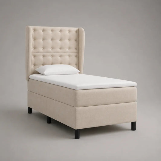 Letto singolo boxspring 90 x 200 cm in tessuto beige con testiera capitonné, materasso e topper