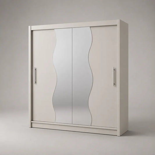 Armadio guardaroba rettangolare bianco con 2 ante scorrevoli e specchio ondulato, pannello truciolare melaminico, 180 x 60 x 200 cm
