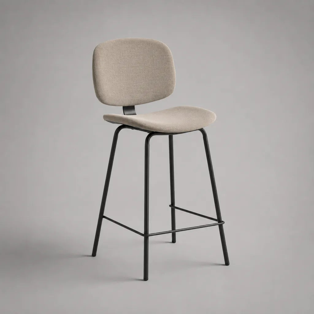 Sgabello da bar imbottito in tessuto e acciaio, beige e nero, 50 × 53 × 95 cm, altezza seduta 65 cm