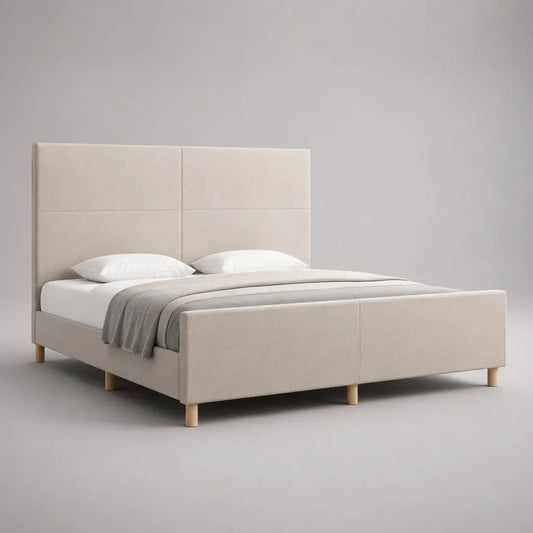 Letto matrimoniale imbottito in tessuto beige con testiera, pediera e rete a doghe, materasso 160 x 200 cm, dimensioni 171 x 216 x 120 cm