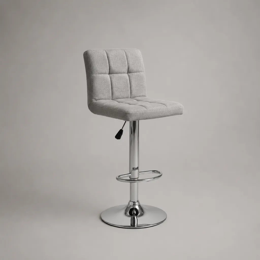Sgabello da bar girevole regolabile in tessuto e acciaio cromato grigio, 44 x 48 x 88-109 cm