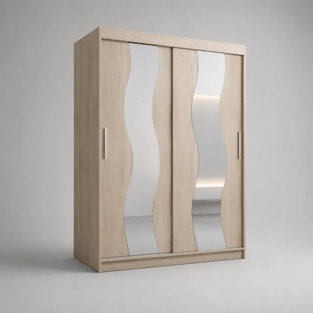 Armadio guardaroba rettangolare in legno con 2 ante scorrevoli e specchi ondulati, rovere beige e argento, 120 × 60 × 200 cm