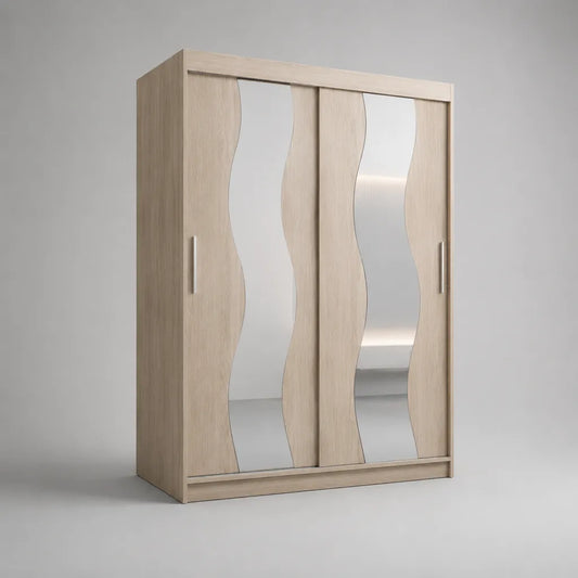 Armadio guardaroba rettangolare in legno con 2 ante scorrevoli e specchi ondulati, rovere beige e argento, 120 × 60 × 200 cm