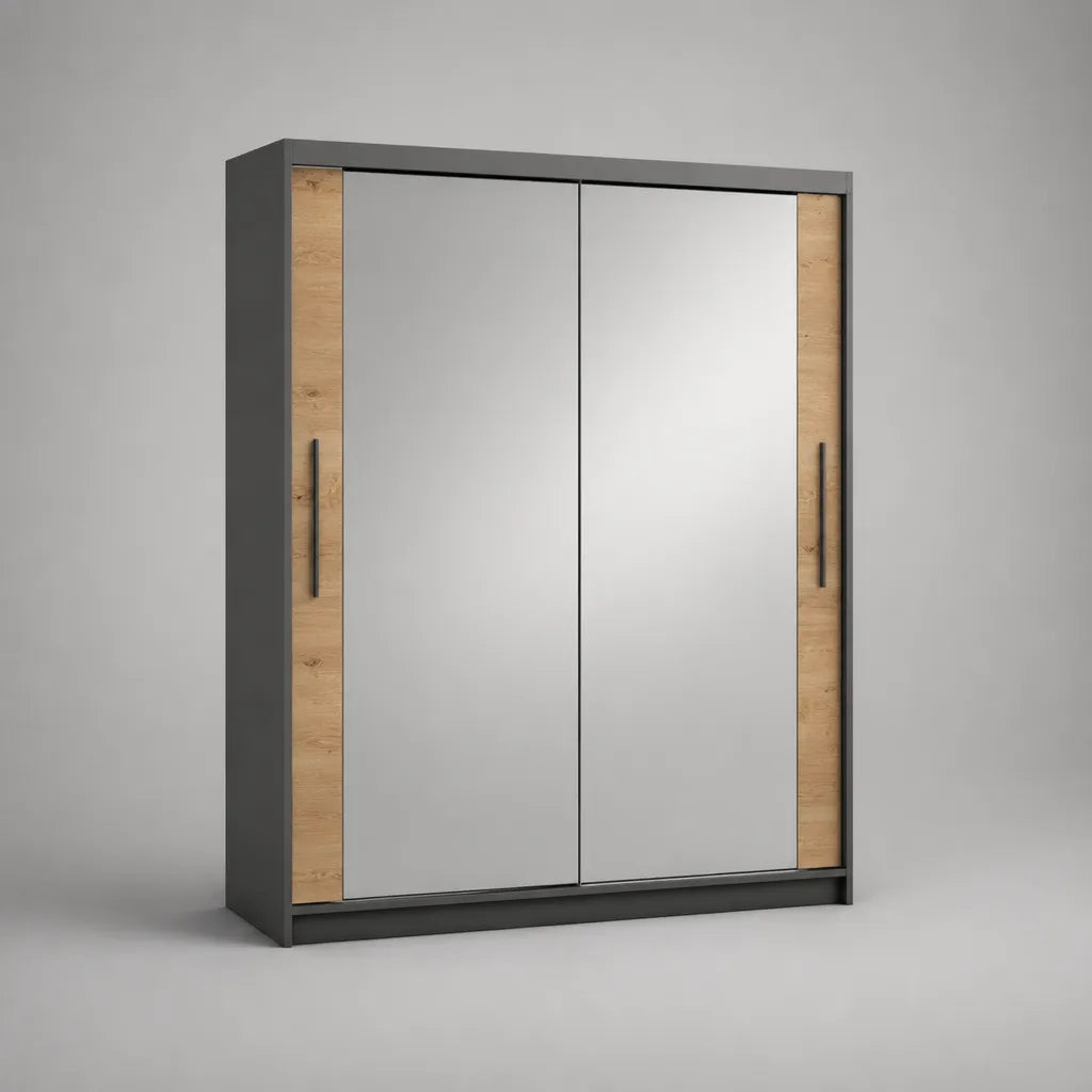 Armadio guardaroba con 2 ante scorrevoli a specchio in pannello melaminico antracite e rovere, 180 × 60 × 200 cm