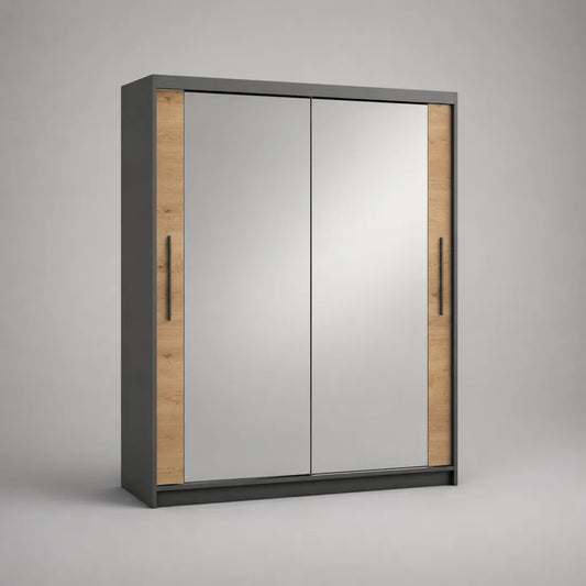 Armadio guardaroba con 2 ante scorrevoli a specchio in pannello melaminico antracite e rovere, 180 × 60 × 200 cm