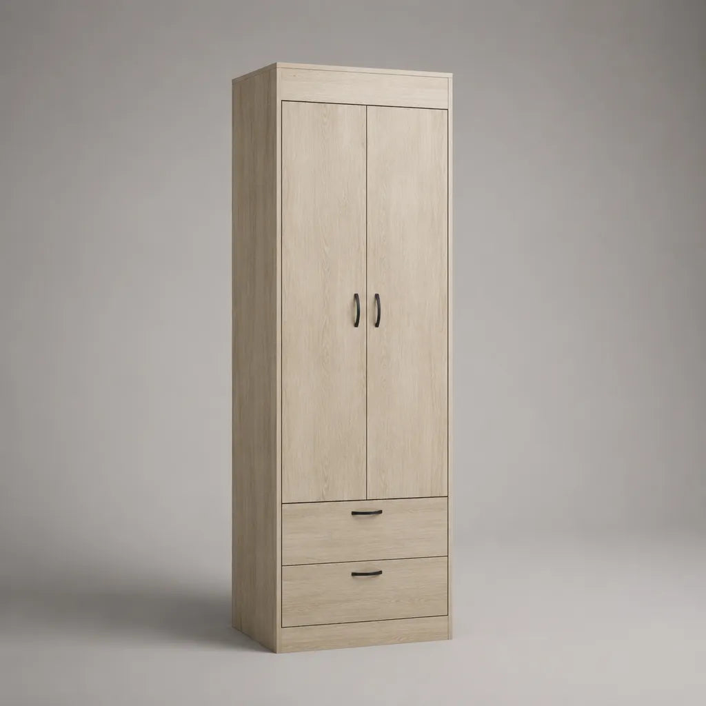 Armadio guardaroba in legno con 2 ante e 2 cassetti, rovere chiaro e nero, 60 × 40 × 190 cm