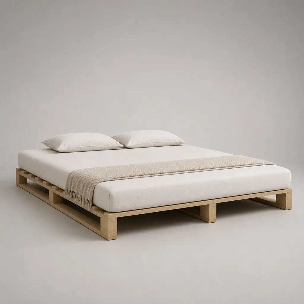 Letto matrimoniale basso rettangolare in legno beige naturale con rete a doghe, 180 x 220 x 28 cm, per materasso 160 x 200 cm