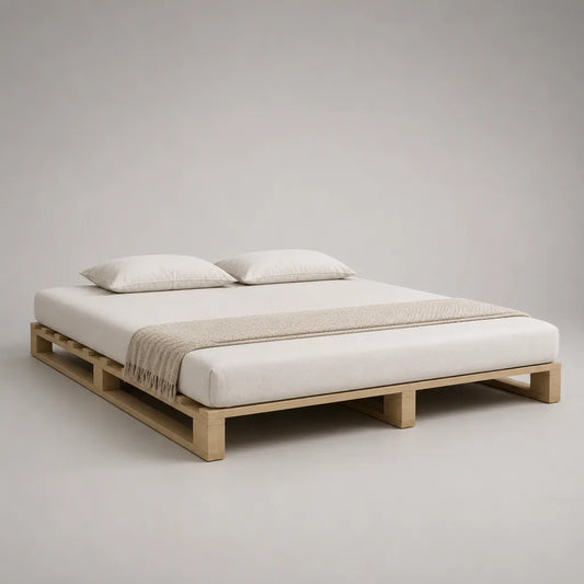 Letto matrimoniale basso rettangolare in legno beige naturale con rete a doghe, 180 x 220 x 28 cm, per materasso 160 x 200 cm
