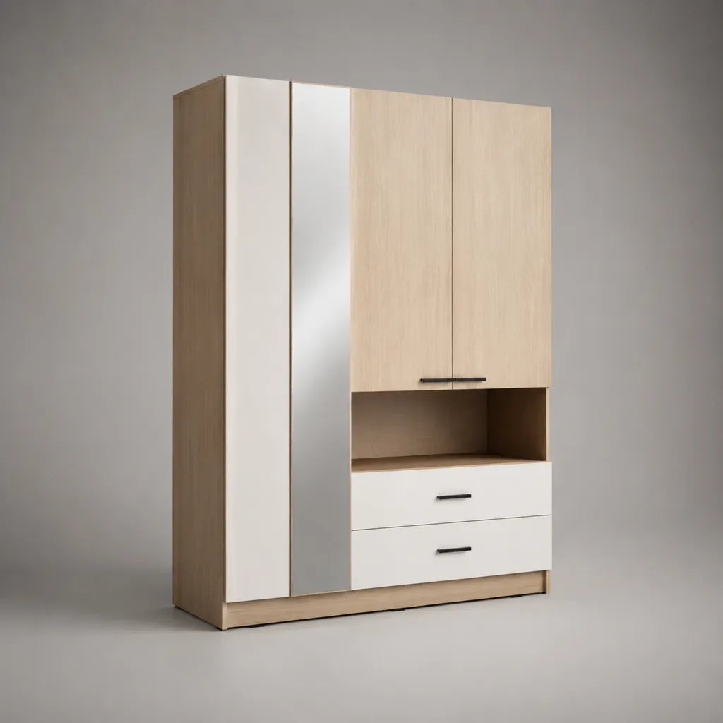 Armadio guardaroba a 4 ante con specchio, 2 cassetti e vano aperto in truciolare melaminico rovere chiaro e bianco, 160 × 55 × 200 cm