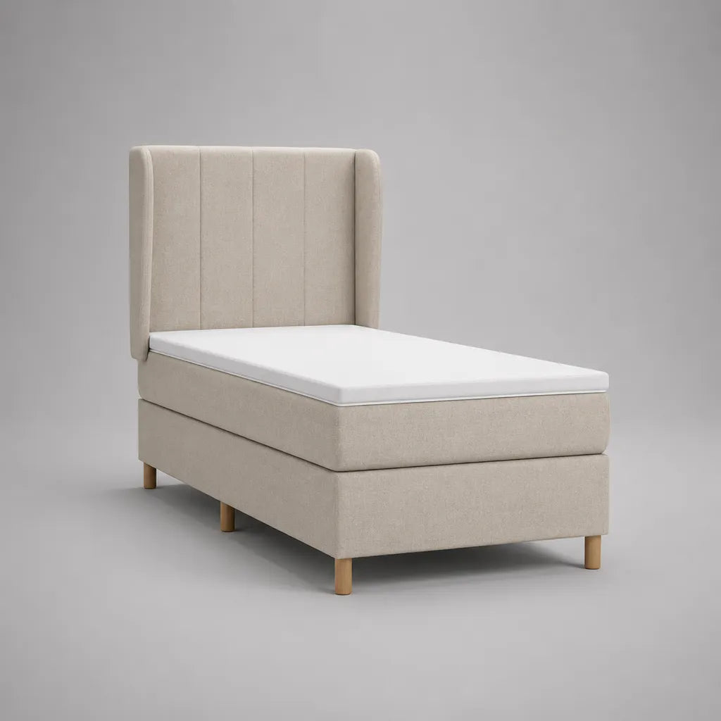 Set letto singolo imbottito con materasso 90 x 200 cm in poliestere beige e testiera alta, 103 x 215 x 120 cm