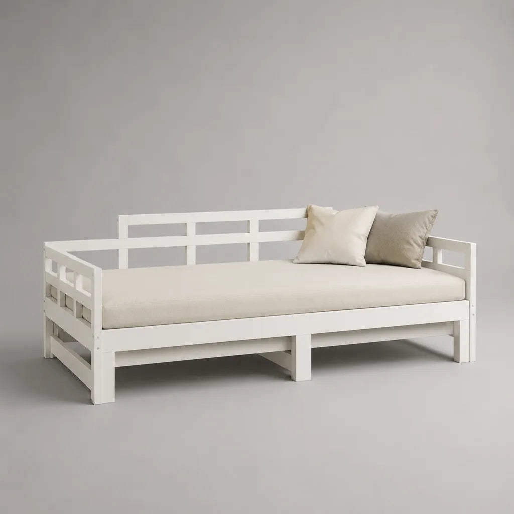 Letto-divano singolo rettangolare in pino massello bianco con rete a doghe, materasso 90 x 200 cm, dimensioni esterne 208 x 98 x 80 cm