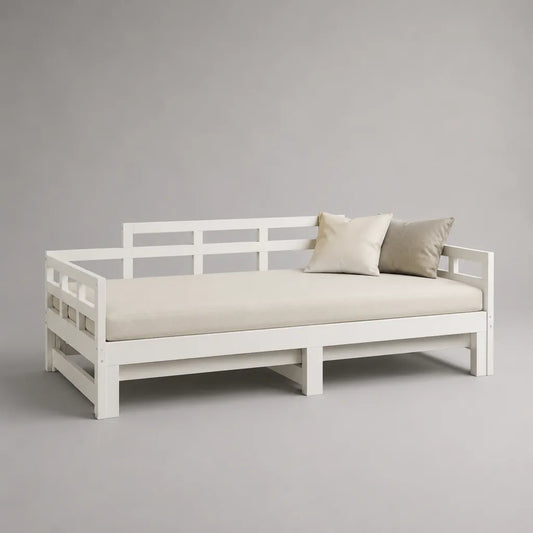 Letto-divano singolo rettangolare in pino massello bianco con rete a doghe, materasso 90 x 200 cm, dimensioni esterne 208 x 98 x 80 cm