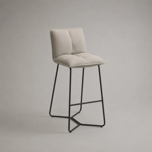 Sgabello da bar imbottito in tessuto beige e acciaio nero, 48 × 52 × 101 cm