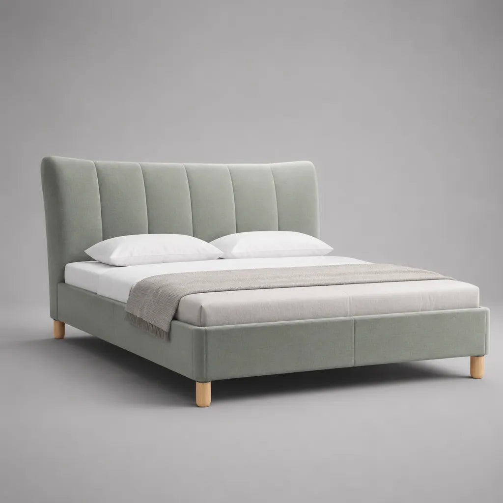 Letto matrimoniale imbottito in velluto grigio chiaro 172 x 214 x 108 cm con testiera e rete a doghe, per materasso 160 x 200 cm