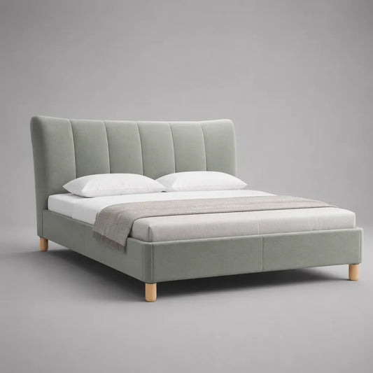 Letto matrimoniale imbottito in velluto grigio chiaro 172 x 214 x 108 cm con testiera e rete a doghe, per materasso 160 x 200 cm