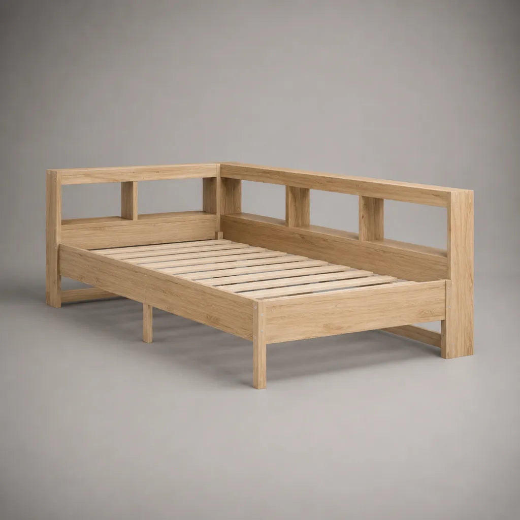 Letto singolo angolare in legno naturale con rete a doghe, 205 x 96 x 80 cm, per materasso 90 x 200 cm