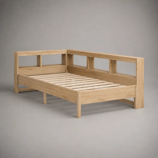 Letto singolo angolare in legno naturale con rete a doghe, 205 x 96 x 80 cm, per materasso 90 x 200 cm