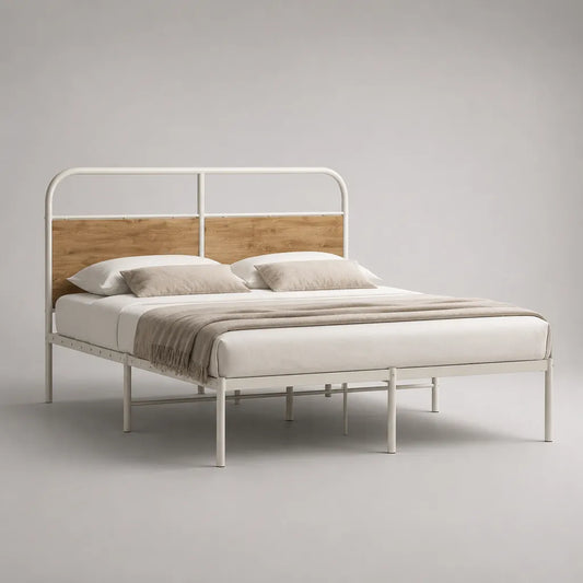 Letto matrimoniale 160 × 200 cm in acciaio bianco con testiera effetto rovere