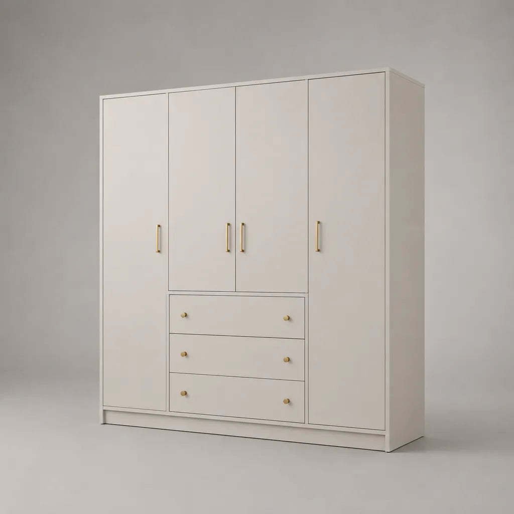 Armadio guardaroba a 4 ante e 3 cassetti in legno e metallo, bianco e oro, 180 × 52 × 200 cm