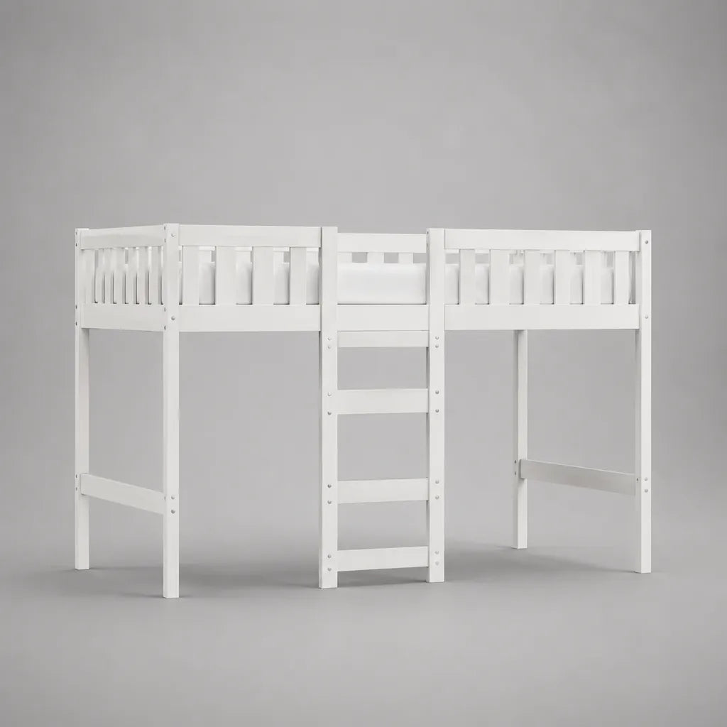 Letto a soppalco singolo in pino massello bianco, 208 x 98 x 180 cm, rete 90 x 200 cm, scala centrale