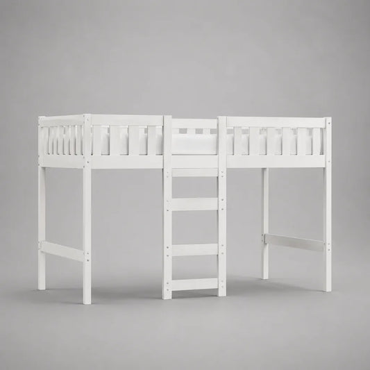 Letto a soppalco singolo in pino massello bianco, 208 x 98 x 180 cm, rete 90 x 200 cm, scala centrale