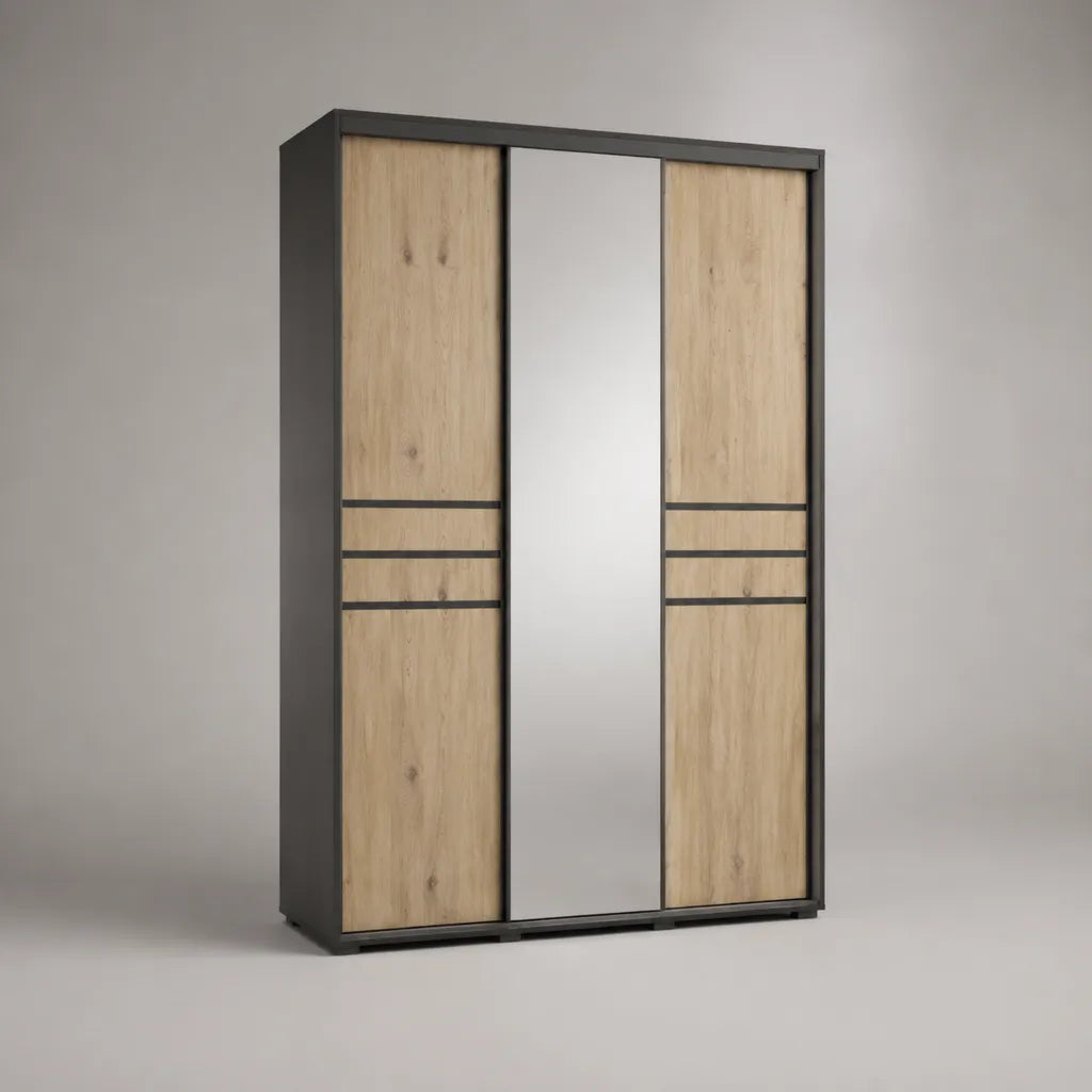 Armadio guardaroba in legno a 3 ante scorrevoli con specchio, rovere naturale e antracite, 180 x 60 x 210 cm