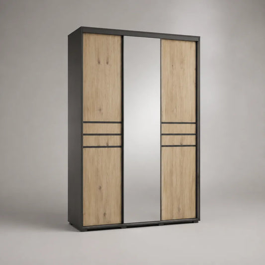 Armadio guardaroba in legno a 3 ante scorrevoli con specchio, rovere naturale e antracite, 180 x 60 x 210 cm