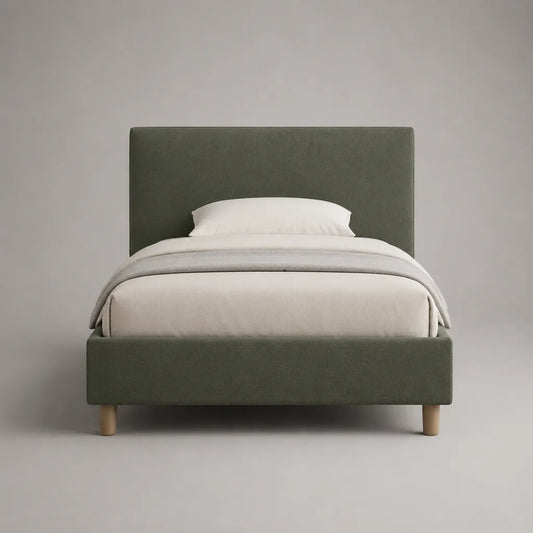 Letto singolo imbottito in tessuto verde oliva con rete a doghe, 98 x 212 x 110 cm, per materasso 90 x 200 cm