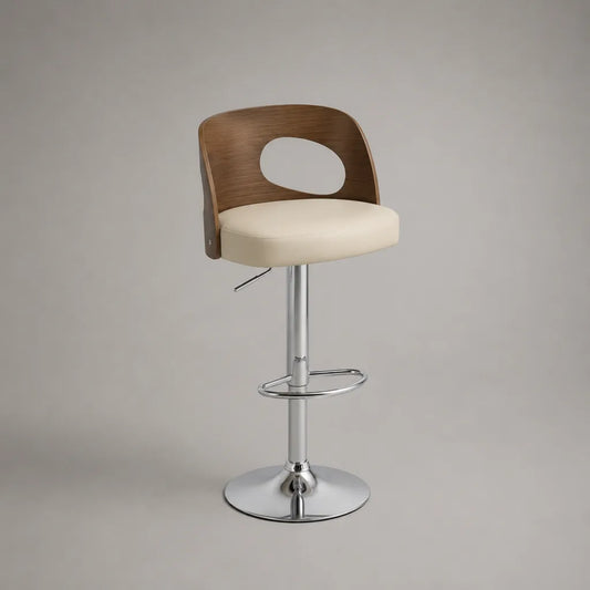Sgabello da bar girevole e regolabile in legno, pelle sintetica e metallo, crema, marrone noce e argento, 48 x 49 x 88-109 cm