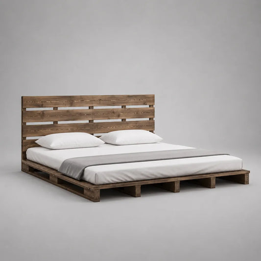 Struttura letto matrimoniale a pallet con testiera in legno marrone, 200 x 220 x 135 cm, per materasso 180 x 200 cm